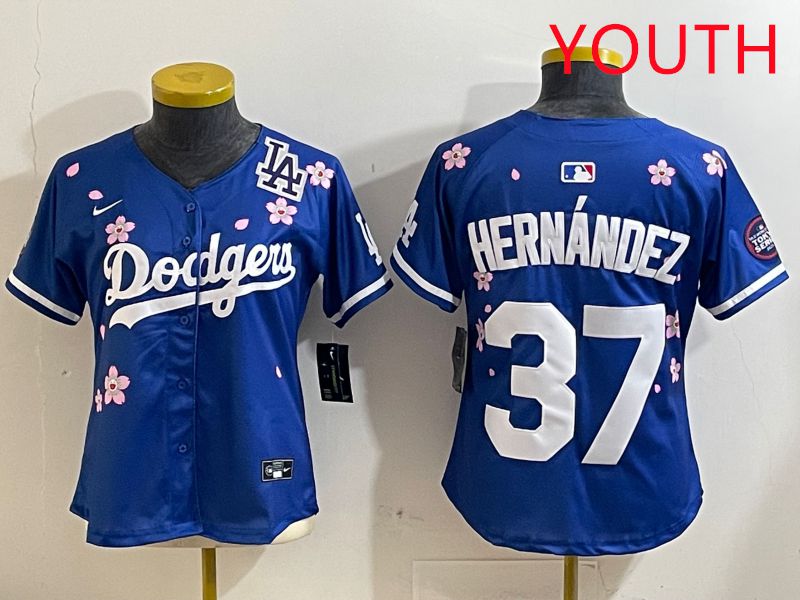 Youth Los Angeles Dodgers #37 Hernandez Blue Sakura Edition 2025 Nike MLB Jersey style 8